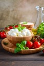 Italian food ingredients Ã¢â¬â mozzarella, tomatoes, basil and olive oil on rustic wooden table. Royalty Free Stock Photo